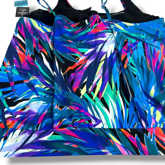 NWT Swim Solutions Blue Blouson Tankini Top SZ 22W Loose Fit Underwire Tropical - Picture 8 of 10